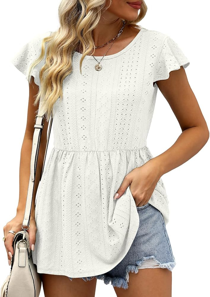 XIEERDUO T Shirts for Women Babydoll Cap Sleeve Crewneck Peplum Tops Tie Back | Amazon (US)