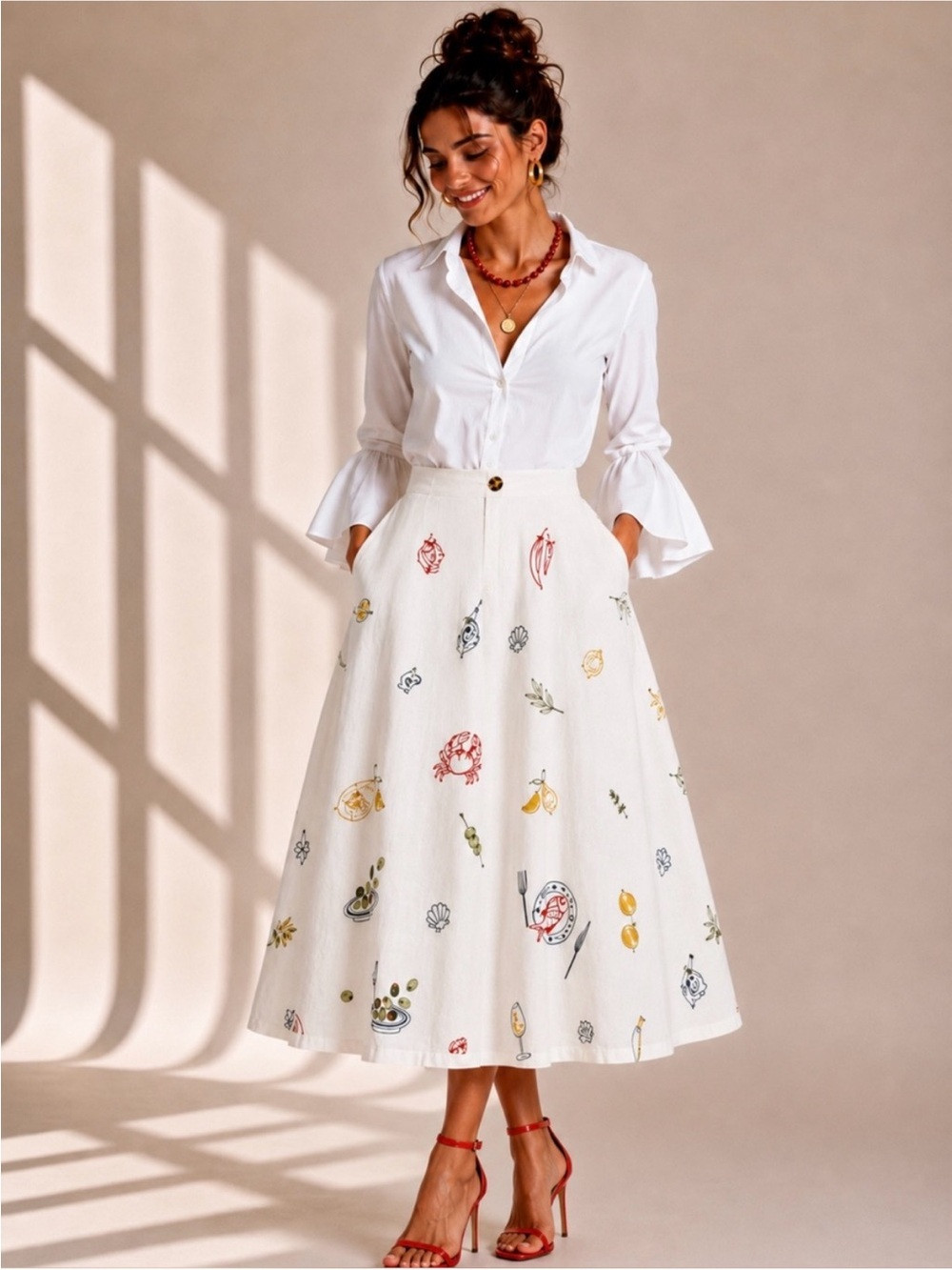 CAROLINE CONSTAS Off White/red Embroidered Linen Blend Midi Skirt | Poshmark