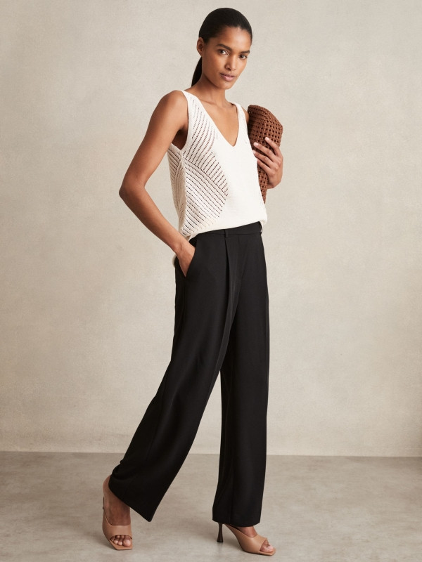 Elasticated Waist Wide-Leg Twill Trousers | Reiss US