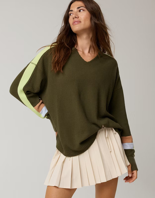 OFFLINE By Aerie Wow! Waffle Notch Neck Long Sleeve T-Shirt | Aerie
