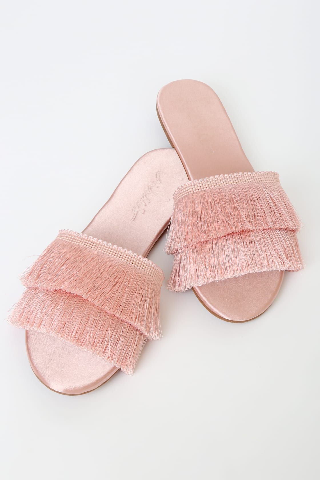Maelie Pink Satin Fringe Slide Sandals | Lulus (US)