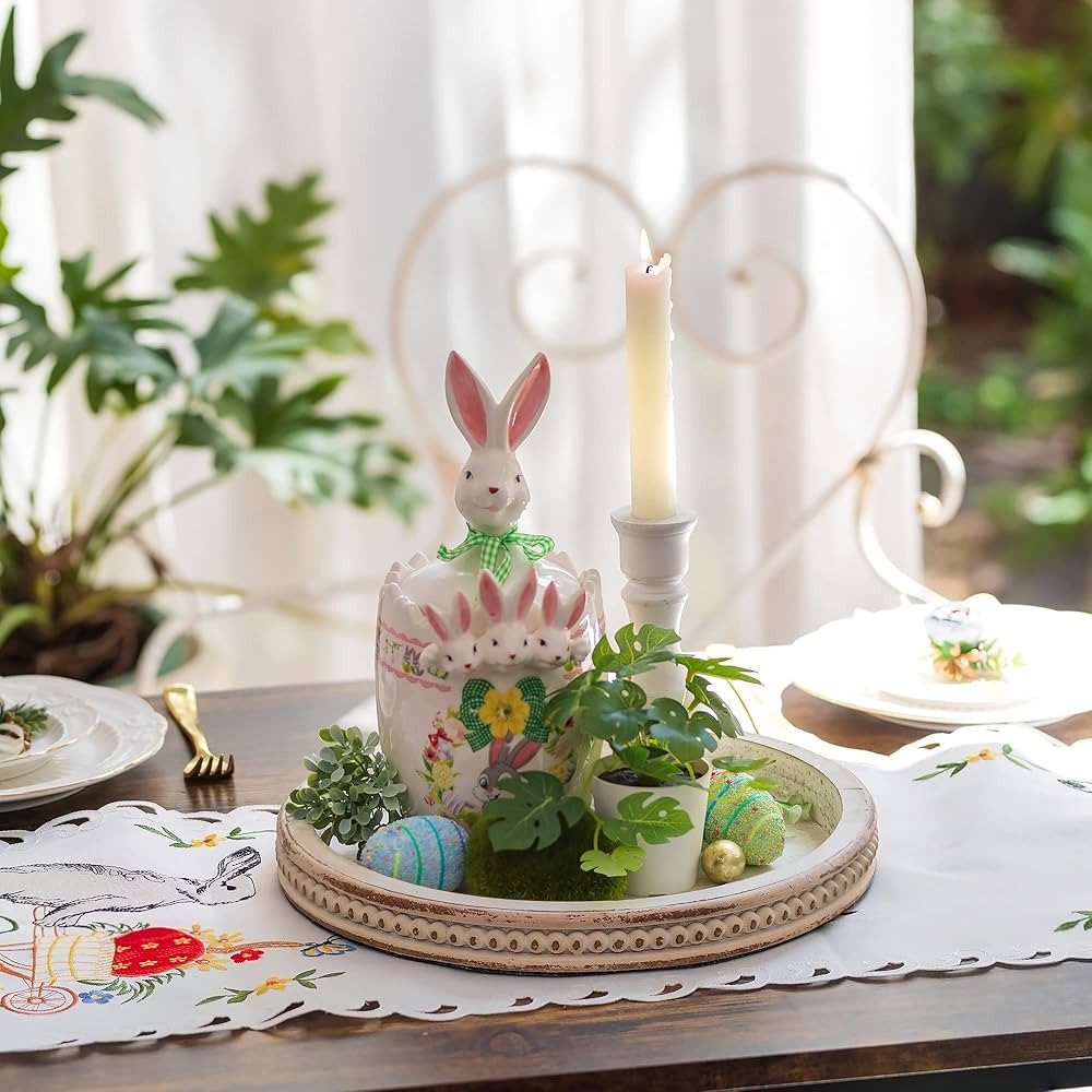 Hanobe Decorative Serving Tray Wood: White Washed Bead Round Tray Decor for Coffee Table Rustic W... | Amazon (US)