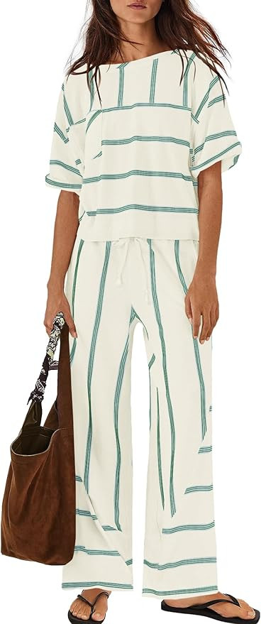 Panadila Womens Striped Lounge Set 2 Piece Summer Travel Vacation Sets Short Sleeve Tops and Wide... | Amazon (US)