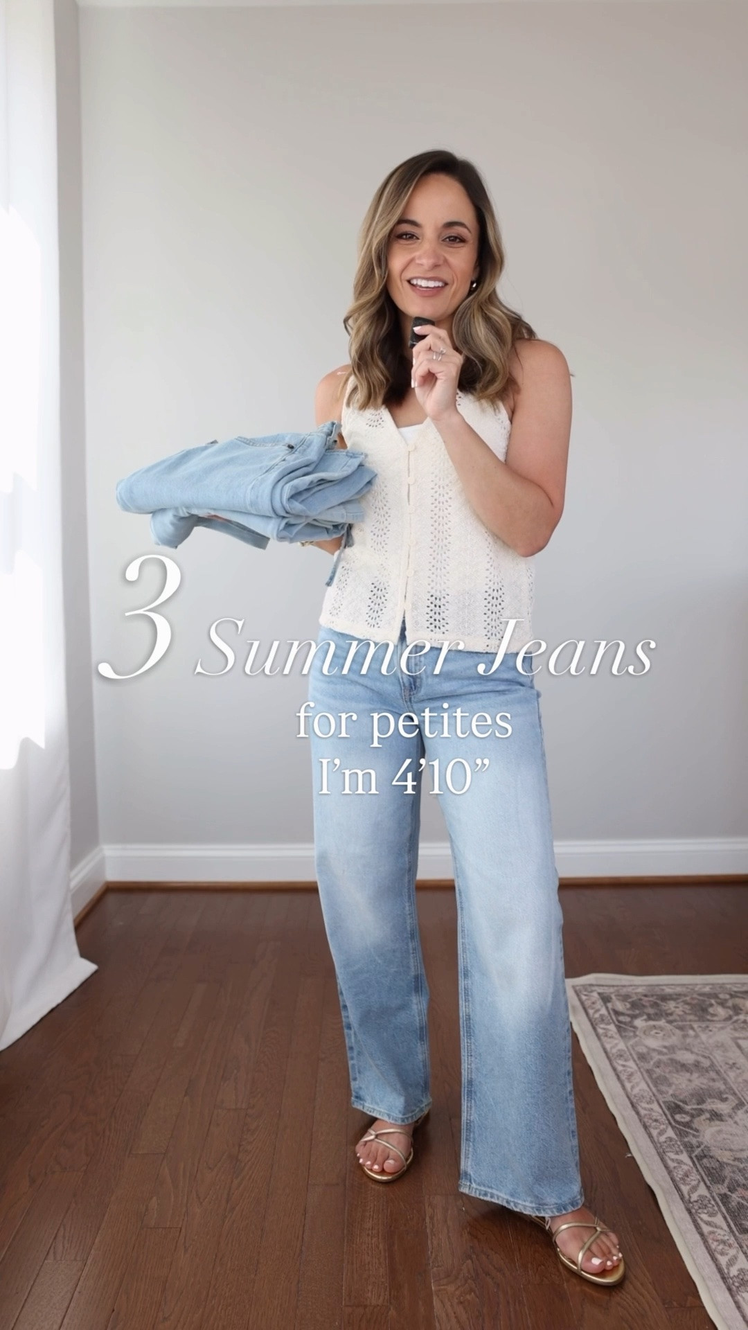Summer jeans for petites! 

*measurements given are taken from the size I’m wearing and may differ from the brand website 

American Eagle Stovepipe Jeans
Size Worn: 00 Short
Rise: 9″
Inseam: 27″ (Short), 25″ (Extra Short available)
Fabric: 87% Cotton, 13% Recycled Cotton 
Weight: Medium-lightweight denim
Fit: True to size

Banana Republic Factory Mid-Rise Wide-Leg Jeans
Size Worn: Petite XXS
Rise: 9″
Inseam: 28″
Fabric: 100% Cotton
Weight: Lightweight denim
Fit: True to size
(Currently low in stock in petite but sizes have been bouncing in and out of stock. Will watch for a restock.)

Abercrombie High-Rise Wide-Leg Jeans
Size Worn: 24 Short
Rise: 11″
Inseam: 28.5″
Fabric: 81% Cotton, 18% Linen, 1% Elastane
Weight: Lightweight denim
Fit: True to size at the waist
*Worn in light wash, change the wash after you click the link to see the in stock options in short.

Camisole: small 
Crochet vest: petite xxs 
Crochet top: xxs 

My measurements for reference: I’m 4’10” and 105lbs. My bust, waist, and hip measurement is 32”, 24”, and 36”.