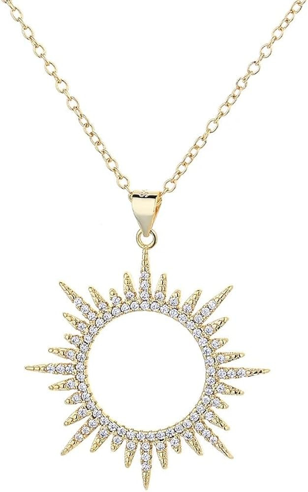 Amy & Annette White & Gold Plated Crystal Sunburst Pendant Necklace - Elegant Adjustable 18” Ch... | Amazon (US)