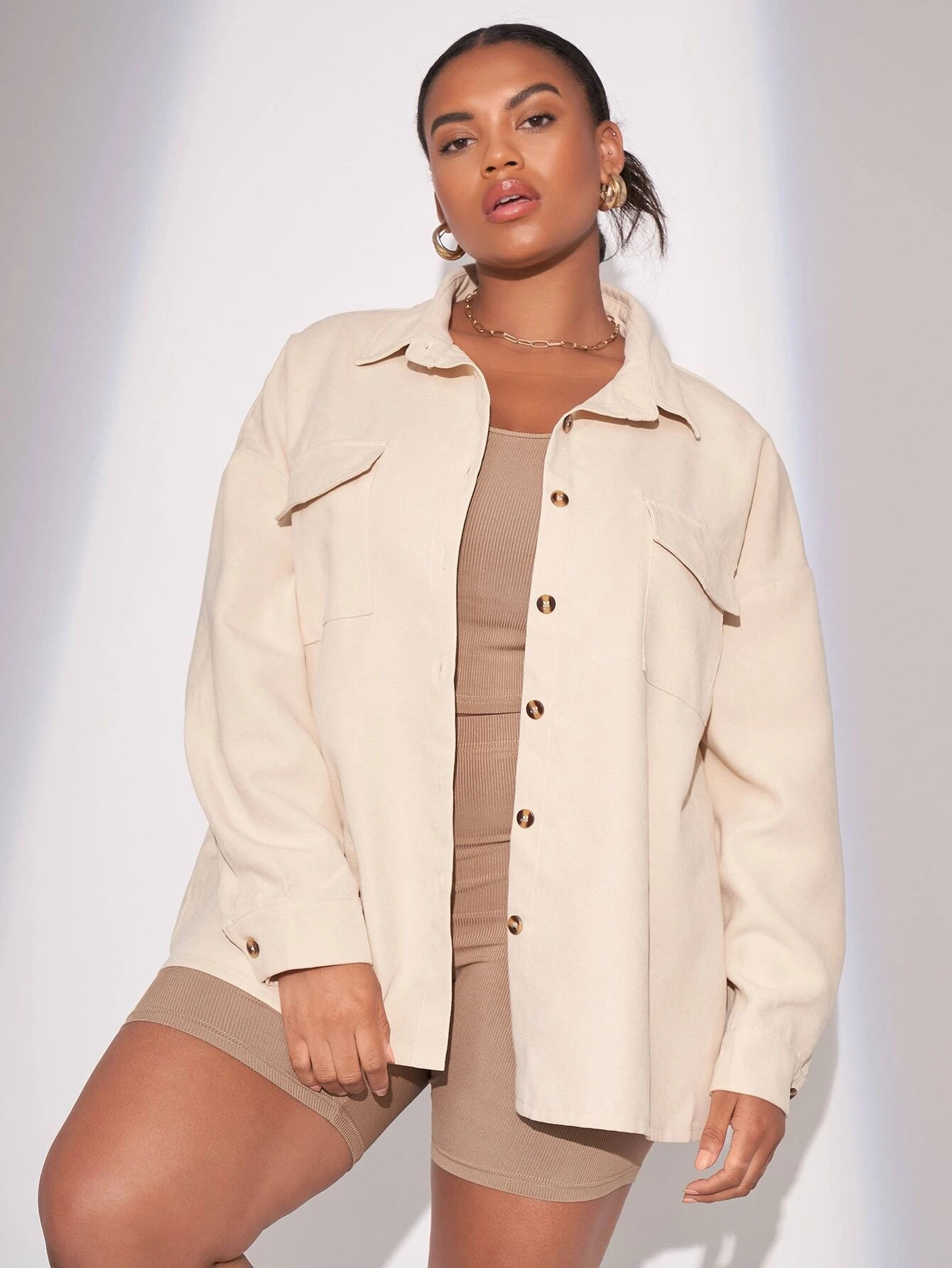Plus Flap Pocket Drop Shoulder Jacket | SHEIN