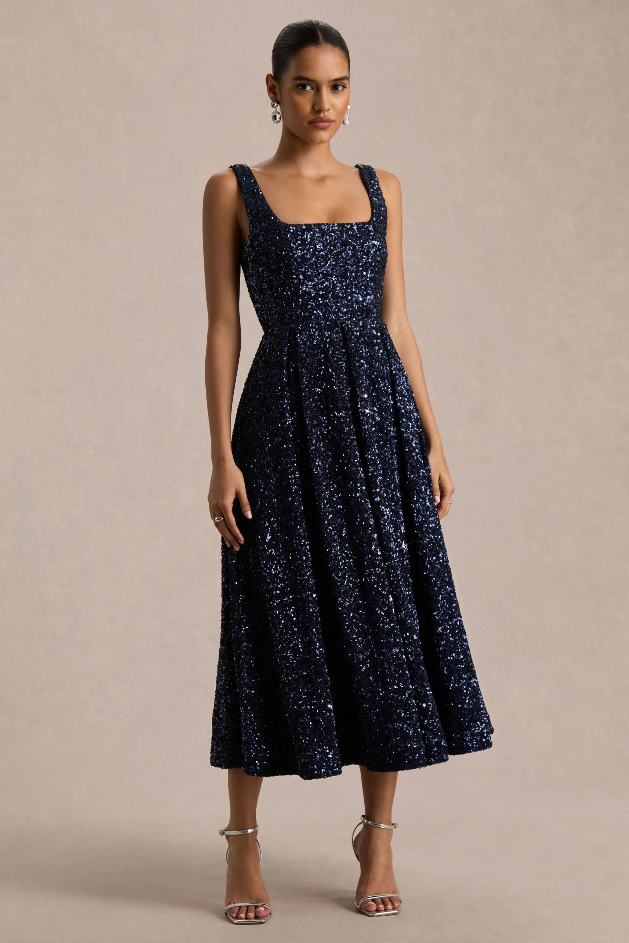 Lima  Navy Sequin Square-Neck A-Line Midi Dress | Club L London
