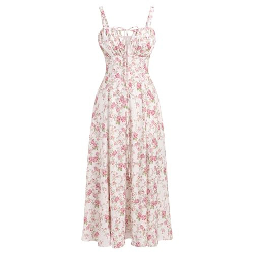 Floral Midi Corset Dress: Women Boho Flowy Slit Lace Up Dresses Sleeveless Square Neck Spaghetti Straps Dress Going Out Evening Party A Line Casual Bustier Sundress White+Pink Floral XL | Amazon (US)