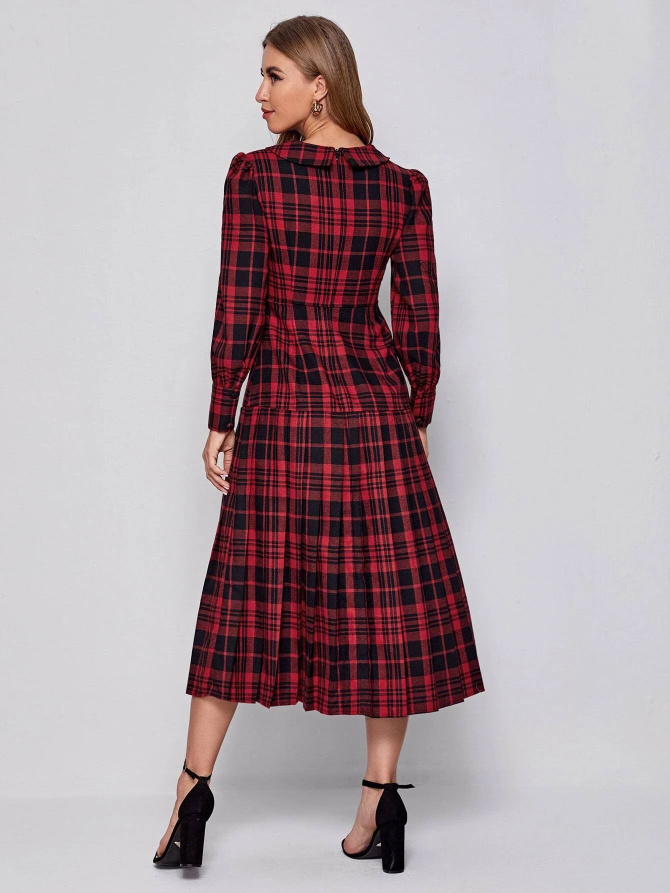 SHEIN Puff Sleeve Pleated Hem Tartan Dress | SHEIN