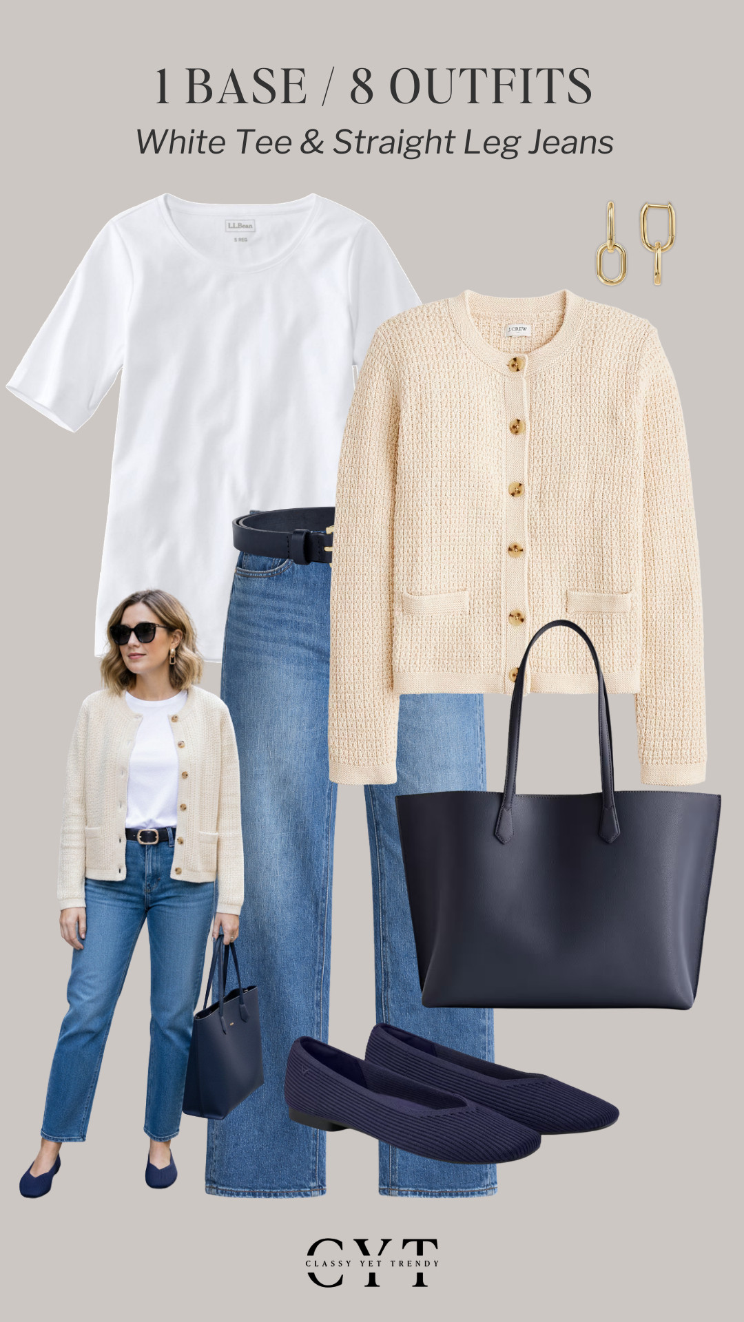 1 Base, 8 Outfits 🎉 8 ways to wear two classic and timeless wardrobe staples: a white tee and straight leg jeans ✔️ Mix and match layers, shoes and accessories to create different looks. 
All clothes, shoes and accessories are in the Smart Elevated Casual Spring 2026 Capsule Wardrobe 🌸

how to style, outfit ideas, elevated outfit, wardrobe essentials, cardigan, jacket, captains blazer, casual sneakers, ballet flats, loafers

#outfitideas #outfitinspiration #capsulewardrobe #everydaystyle #smartcasualstyle

 

 #LTKootd #LTKmomlife #LTKWorkwear