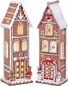 TenWaterloo Set of 2 Large Lighted Gingerbread Peppermint Candy House with Timers in Clay Dough R... | Amazon (US)