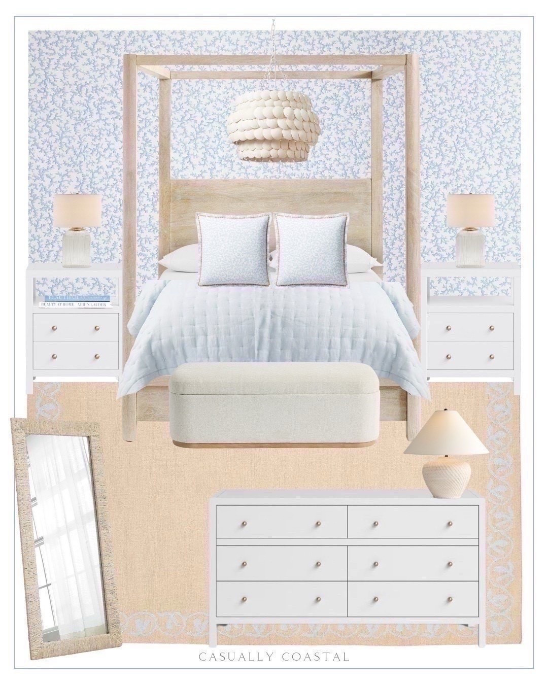 Primary Bedroom Design! So many of these pieces are currently on sale! 
——
Coastal primary bedroom, coastal home, coastal style, master bedroom ideas, coastal home decor, neutral bedroom, primary bedroom with canopy bed, coastal canopy bed, pottery barn bed, coastal wallpaper, blue and white wallpaper, coastal pillow covers, blue and white pillow covers, white nightstand, 2-drawer nightstand, wayfair furniture, wayfair nightstand, ribbed glass table lamp, coastal lamp, nightstand lamps, coastal rug, bedroom rug, neutral rug, Serena & lily rug, bedroom rugs, 9x12 rugs, 8x10 rugs, upholstered bench, coastal bench, bedroom bench, bench for end of bed, tiered chandelier, coastal chandelier, bedroom chandelier, bedroom lighting, coastal mirror, woven floor mirror, seagrass rectangle mirror, ceramic table lamp, Serena & lily bedding, coastal bedding, blue linen quilt, coastal quilt, white dresser, 6 drawer dresser, coastal books, Amazon coffee table books, king size beds, queen size beds, light wood bed

#LTKHome #LTKSaleAlert