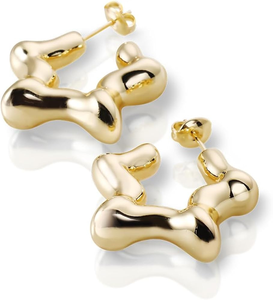 14K Gold Earrings for Girls, Thick Chunky Gold Hoop Earrings, Lightweight Hoop Earrings, Square H... | Amazon (US)