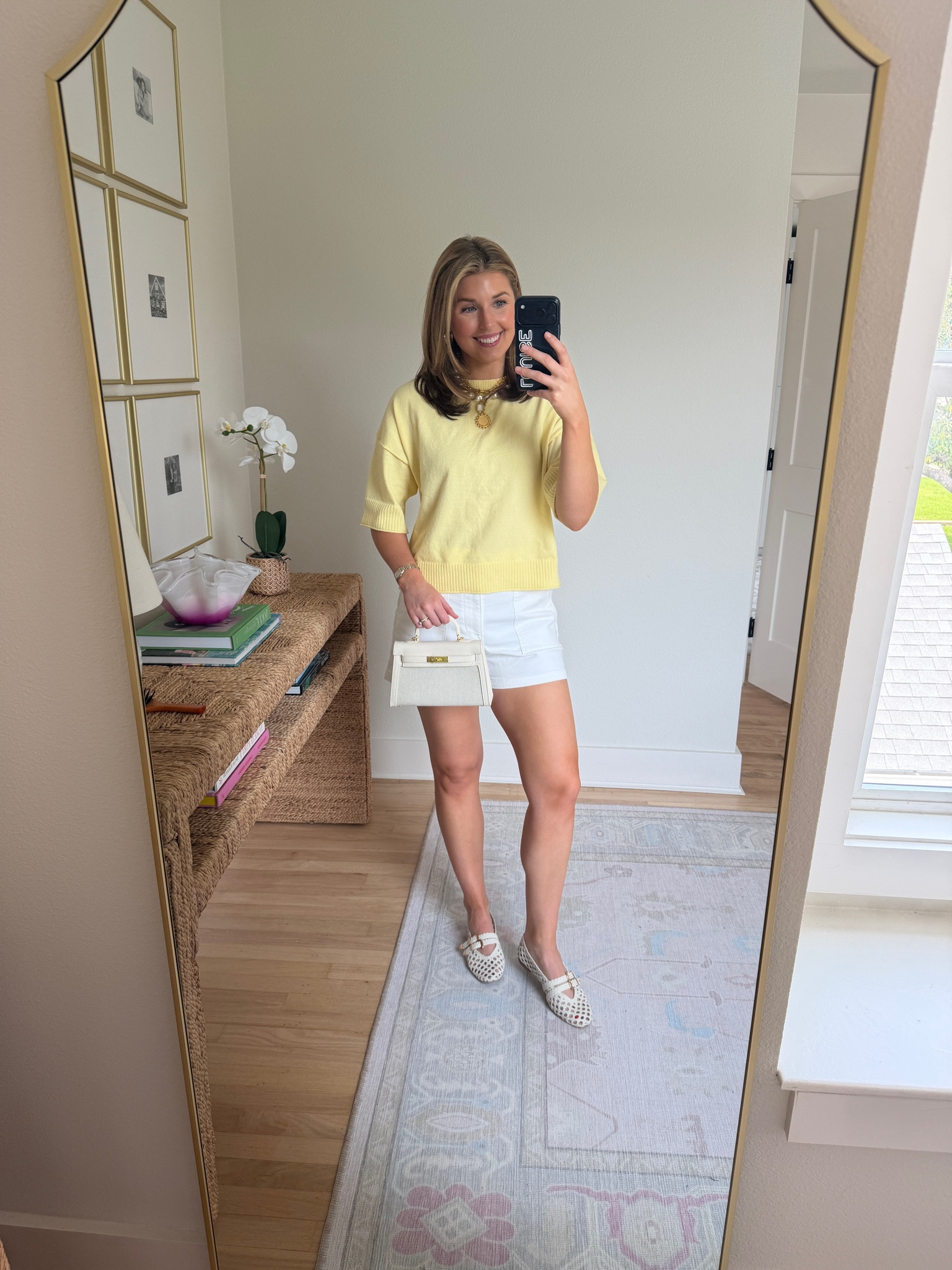 Easy summer outfit idea! Wearing a S in sweater and 26 in shorts