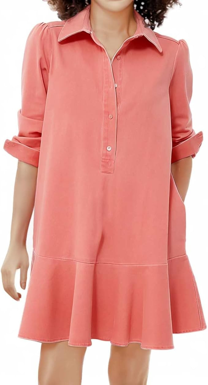 Women's Denim Dresses Puff Long Sleeve Ruffle Tired Swing Jean Dress Flowy Button Up Babydoll Jea... | Amazon (US)