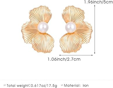 Chunky Gold Flower Pearl Dangle Earrings Dainty Large Floral Leaf Pearls Drop Dangly Earring for ... | Amazon (US)
