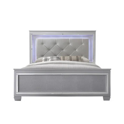 1Pc Modern LED Panel Bed Beveled Mirror Accents Textured Footboard Silver Beige Finish | Wayfair North America