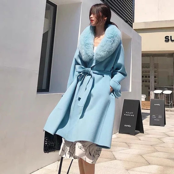 Sky Blue Cashmere Wool Coat With Fox Fur Collar, Winter Coat | Etsy (US)