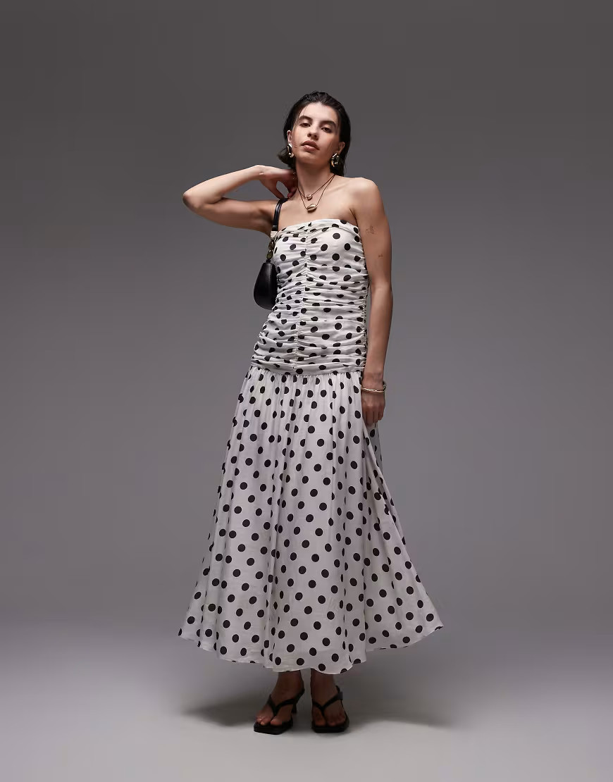 Mango bandeau maxi dress with dropped waist and ruched bodice in mono polka dot print-White | ASOS (Global)