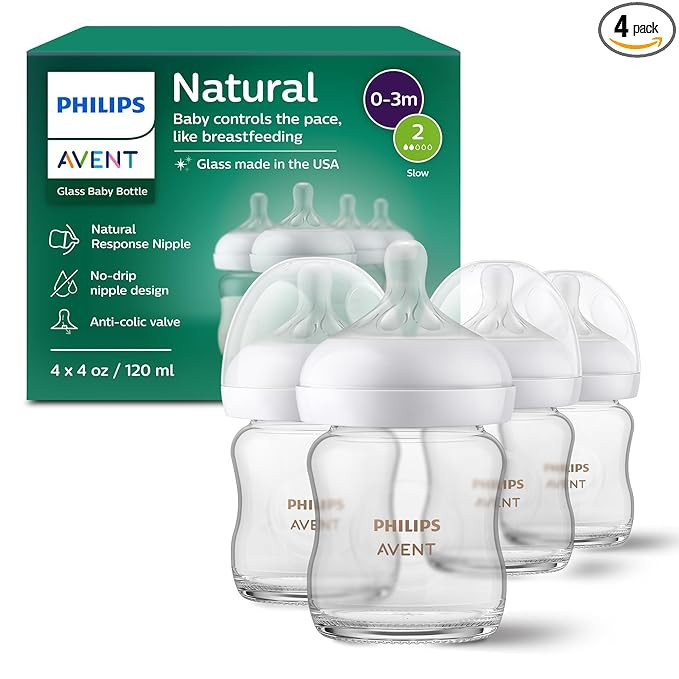 Philips Avent Natural Glass Baby Bottles with Natural Response Nipples (Slow Flow, Flow 2), 4oz, ... | Amazon (US)