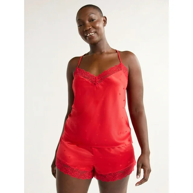 Joyspun Women’s and Women’s Plus Satin Cami and Shorts Pajama Set with Lace Trim, Sizes XS to... | Walmart (US)