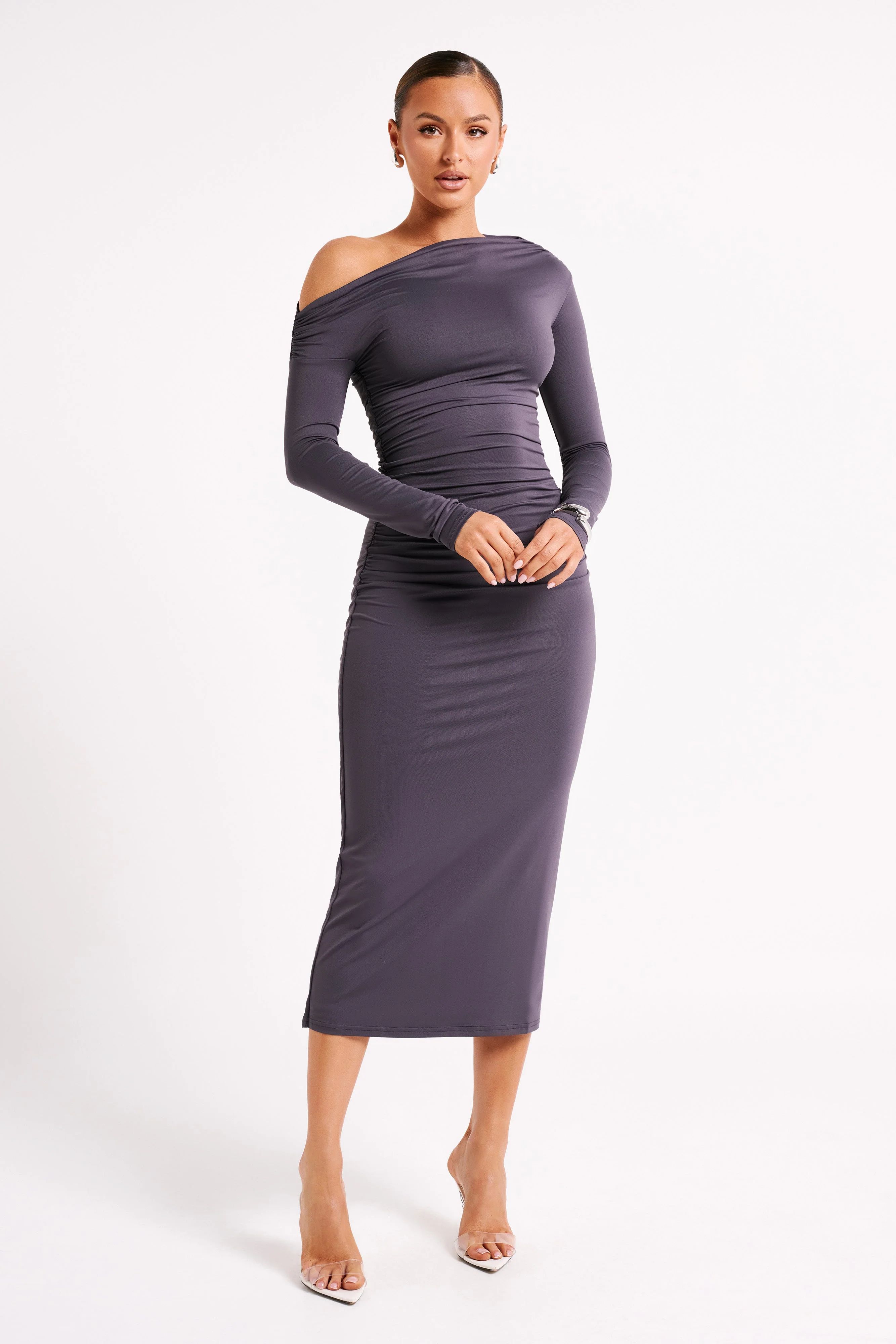 Christabel Recycled Nylon Ruched Midi Dress - Charcoal | MESHKI US