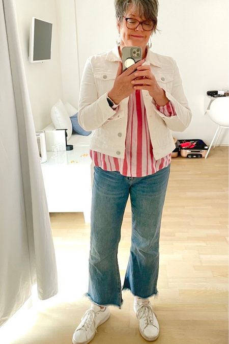 Easy breezy travel outfit. White denim
Jacket, flowy top, raw edge hem cropped wide leg jeans and white tennis shoes! Perfect for walking the streets of Italy! #whitedenimjacket 

#LTKover40 #LTKtravel #LTKstyletip