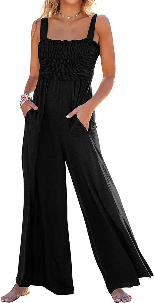 WICIWI Women Summer Casual Spaghetti Straps Smocked Jumpsuit Solid Color Ruffle Soft Wide Pant Rompe | Amazon (US)