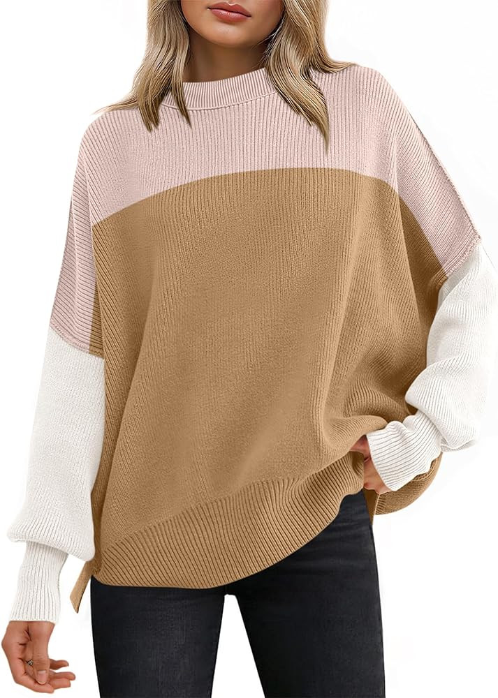 ANRABESS Women Oversized Sweaters Batwing Long Sleeve 2026 Fall Outfits Crewneck Casual Knit Side... | Amazon (US)