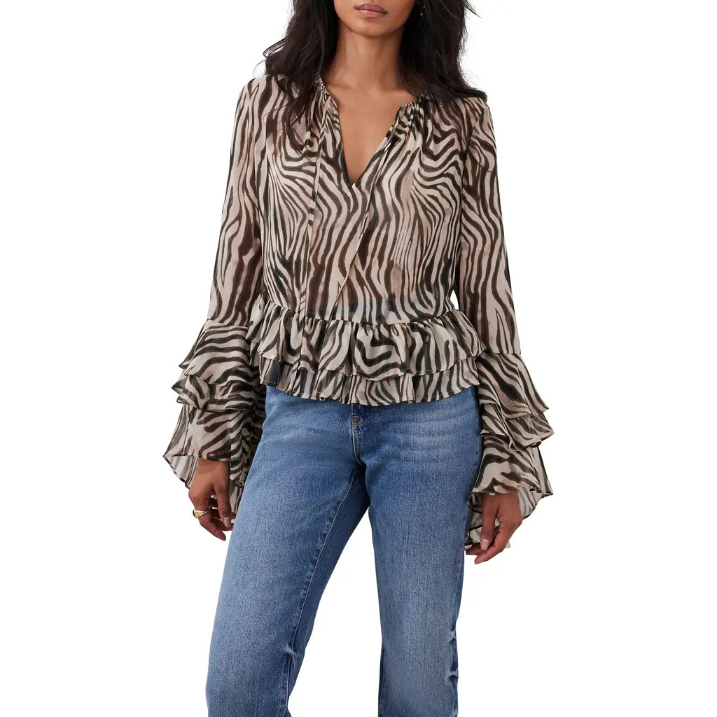 MINT VELVET Zebra Print Ruffle Top in Black at Nordstrom, Size Small | Nordstrom