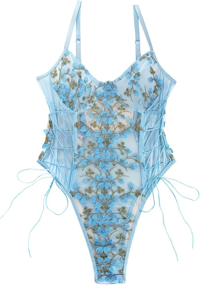 Lilosy Women Sexy Lace Up Floral Embroidered Teddy Lingerie Bodysuit Top Mesh Sheer One Piece | Amazon (US)