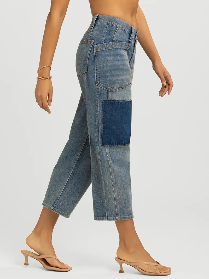 Jessica Simpson Women's and Women's Plus Cherry Cropped Patchwork Barrel Jeans, 26" Inseam, Sizes... | Walmart (US)