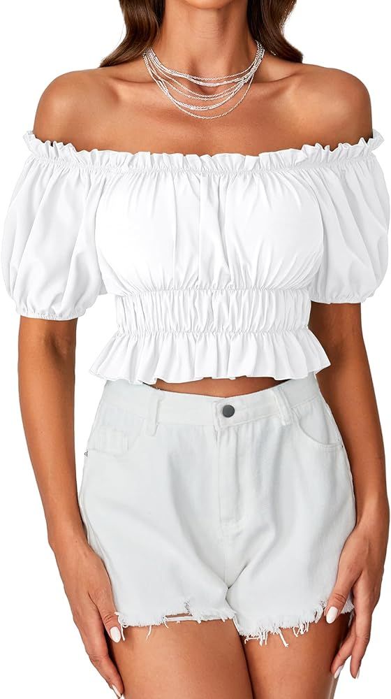 LYANER Women's Off Shoulder Short Sleeve Pleated Ruffle Trim Crop Top Blouse Shirt | Amazon (US)