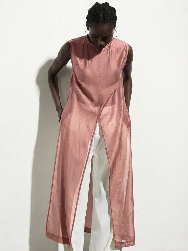 Aveloria Modichic Women's Chic Dusty Rose Silky Satin Sleeveless Shirt,Summer Tea Party Round Nec... | SHEIN