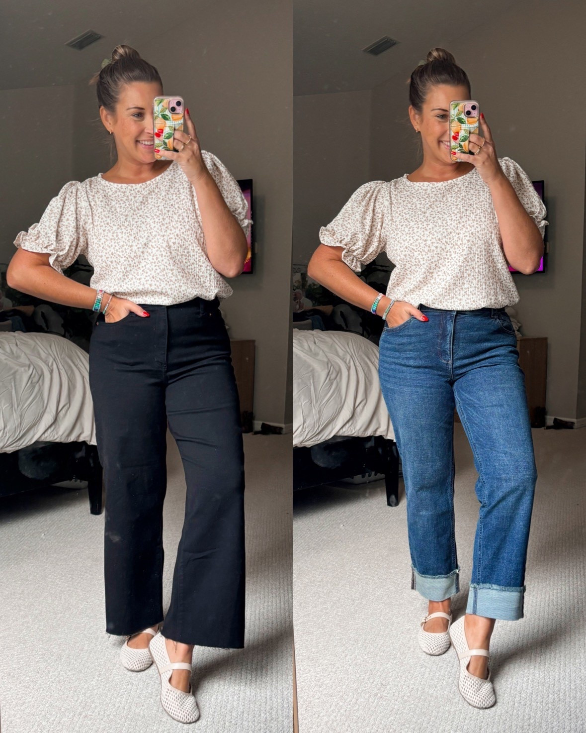 Neutral floral top paired with black or medium wash denim! Would look good with white jeans too 

TTS- medium top
Jeans- 30, 29 (left to right)