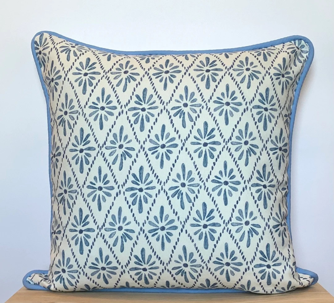 Blue and Cream Ballard Carbella Pillow Cover, Spring Pillow Cover, Sofa Throw Pillow Cover, Blue ... | Etsy (US)