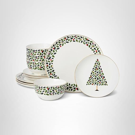 kate spade new york Evergreen 12-Piece Dinnerware Set, 12 Count, Ivory, Christmas, Holiday Hostin... | Amazon (US)