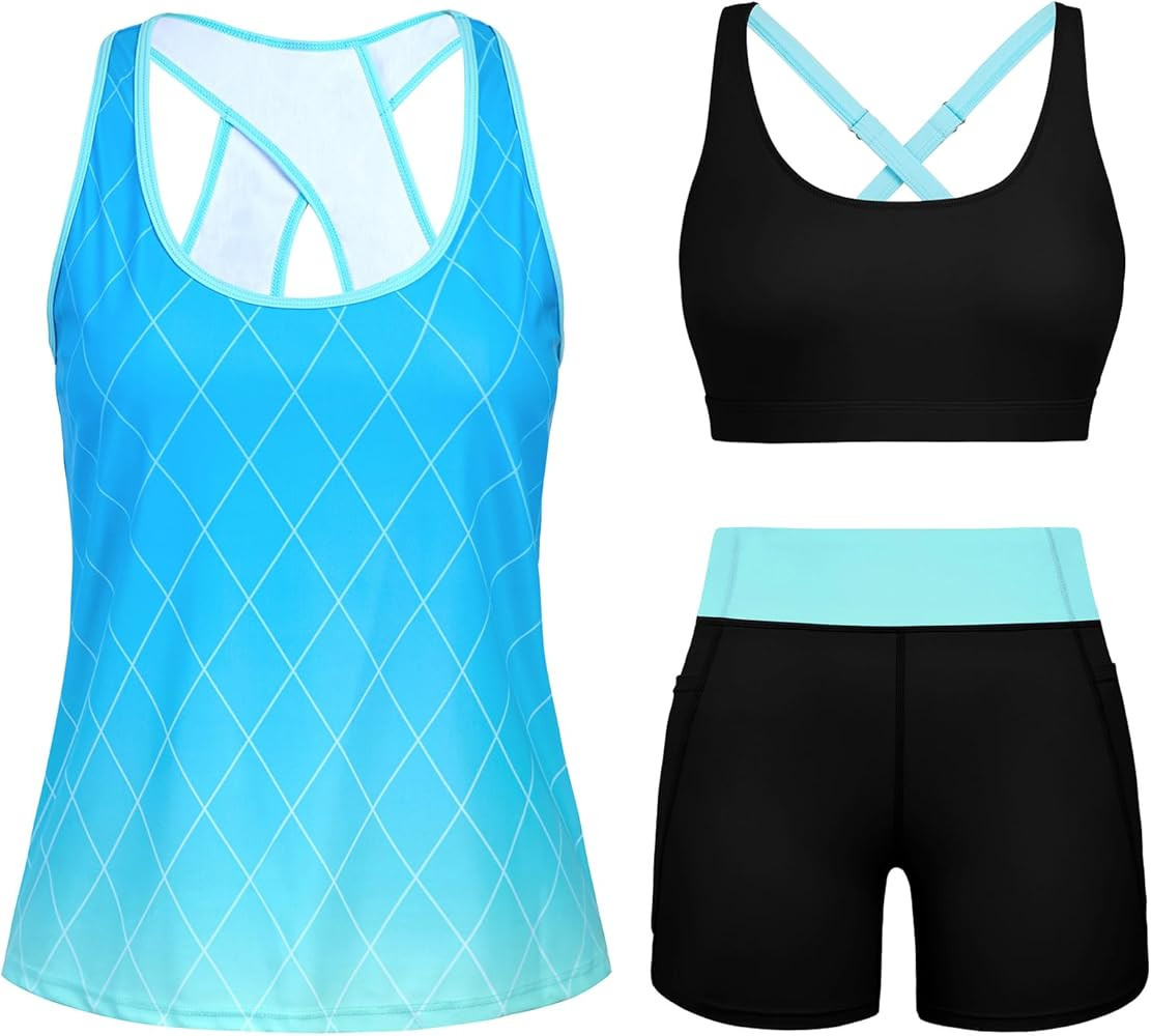 HUSKARY 3 Piece Tankini Swimsuits for Women Swim Tank Top with Bra and High Waist Boy Shorts with... | Amazon (CA)