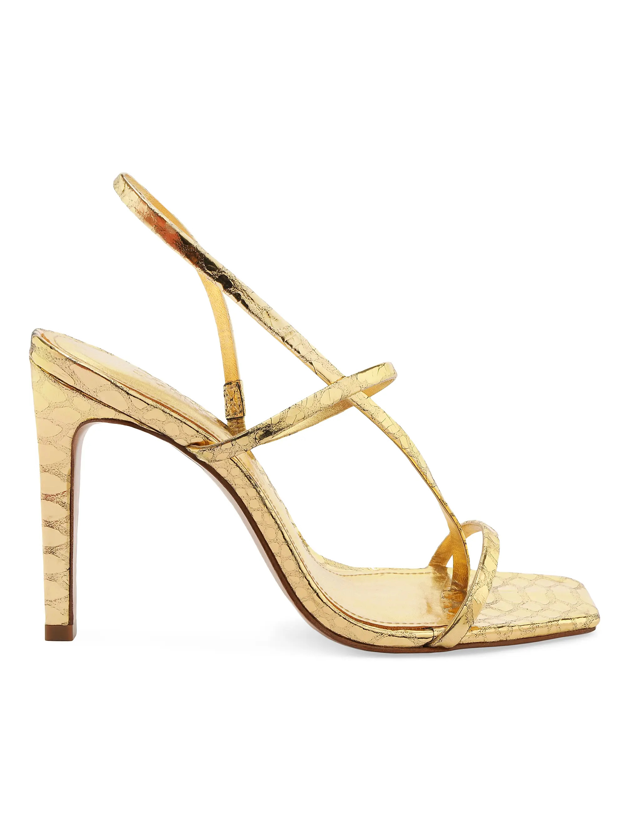 Shop Schutz Heloise 101MM Crocodile-Embossed Metallic Leather Sandals | Saks Fifth Avenue | Saks Fifth Avenue