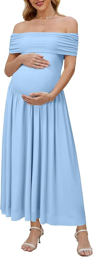 OUGES Women's 2026 Off The Shoulder Mesh Maxi Maternity Dress for Photoshoot Baby Shower Sleevele... | Amazon (US)