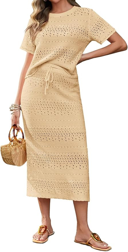 Tankaneo Womens Crochet Cover Up 2 Piece Skirt Sets Short Sleeve Knit Top Midi Skirt Vacation Tra... | Amazon (US)