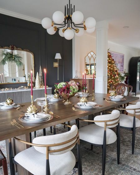 Dining room table styled for Thanksgiving and the holidays ✨

Arhaus Jagger dining chair, Crate & Barrel dining table, modern brass and black globe light fixture, pre-lit Christmas tree, gold wall mirror

#LTKsalealert #LTKHoliday #LTKhome