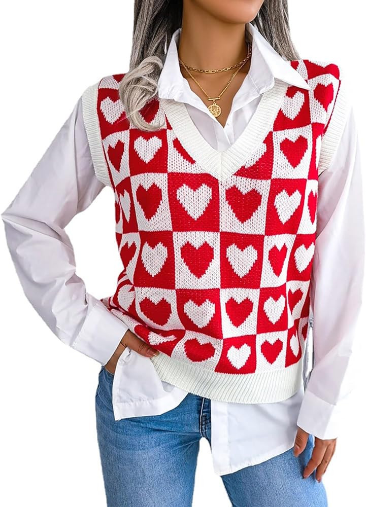 V Neck Sweater Vest for Women Cute Heart Printed Sleeveless Pullover Sweater Casual Loose Knit Ta... | Amazon (US)