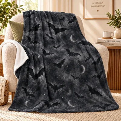 Bat Blanket with Crescent Moon Night Sky, Charcoal Celestial Flannel Throw with Starry Clouds for Couch, Bed, Travel and Seasonal Halloween Decor, 50 | Wayfair North America