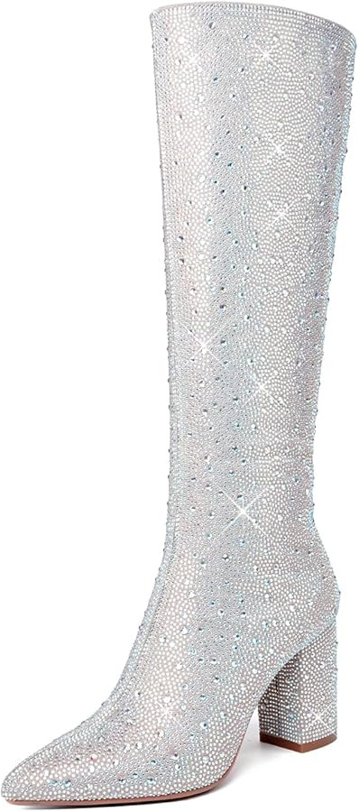 olomisa Sparkly Boots for Women, Rhinestone Knee High Boots Pointed Toe Stiletto Heeled Ankle Boo... | Amazon (US)