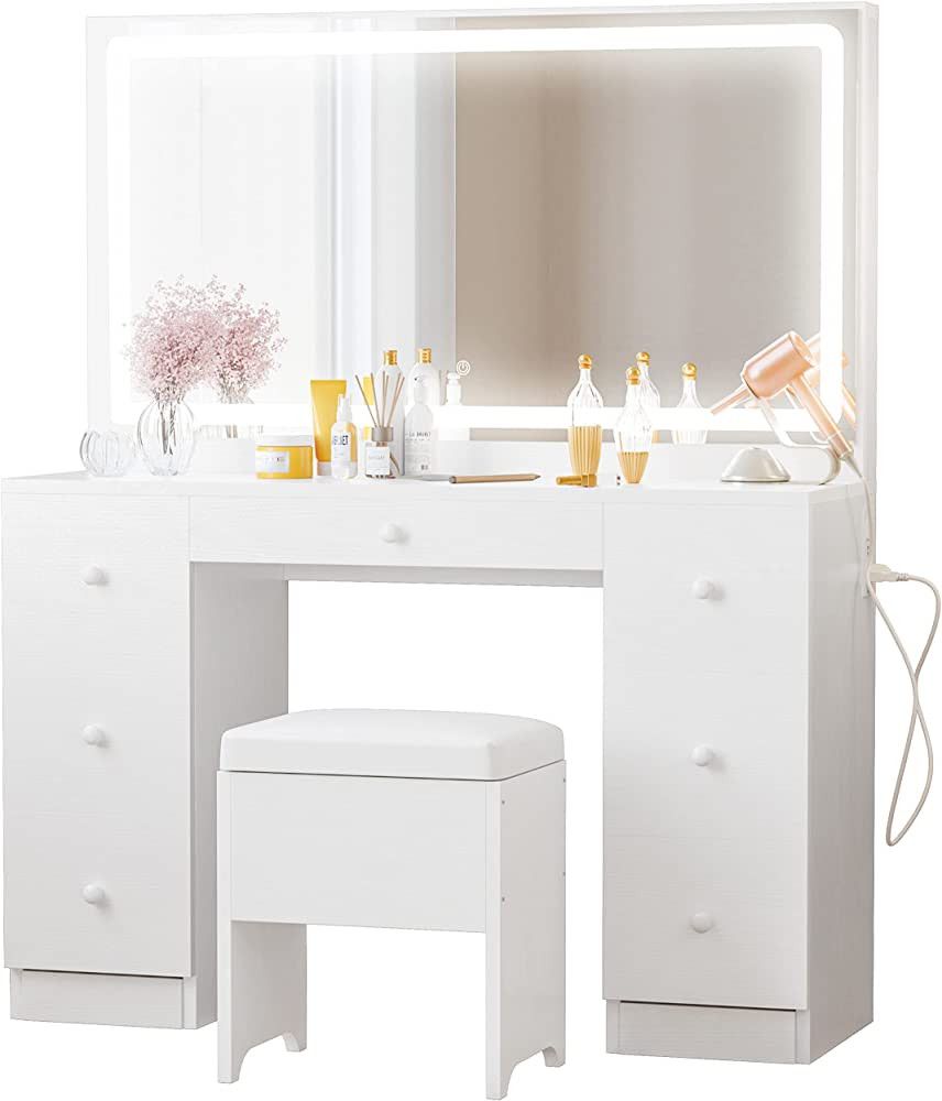 IRONCK Vanity Desk Set with LED Lighted Mirror & Power Outlet, 7 Drawers Makeup Vanities Dressing... | Amazon (US)