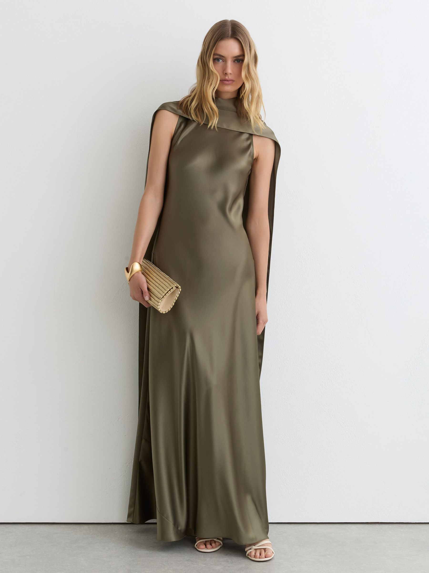 Reiss Satin Cape Maxi Dress in Khaki Green - REISS | Reiss UK
