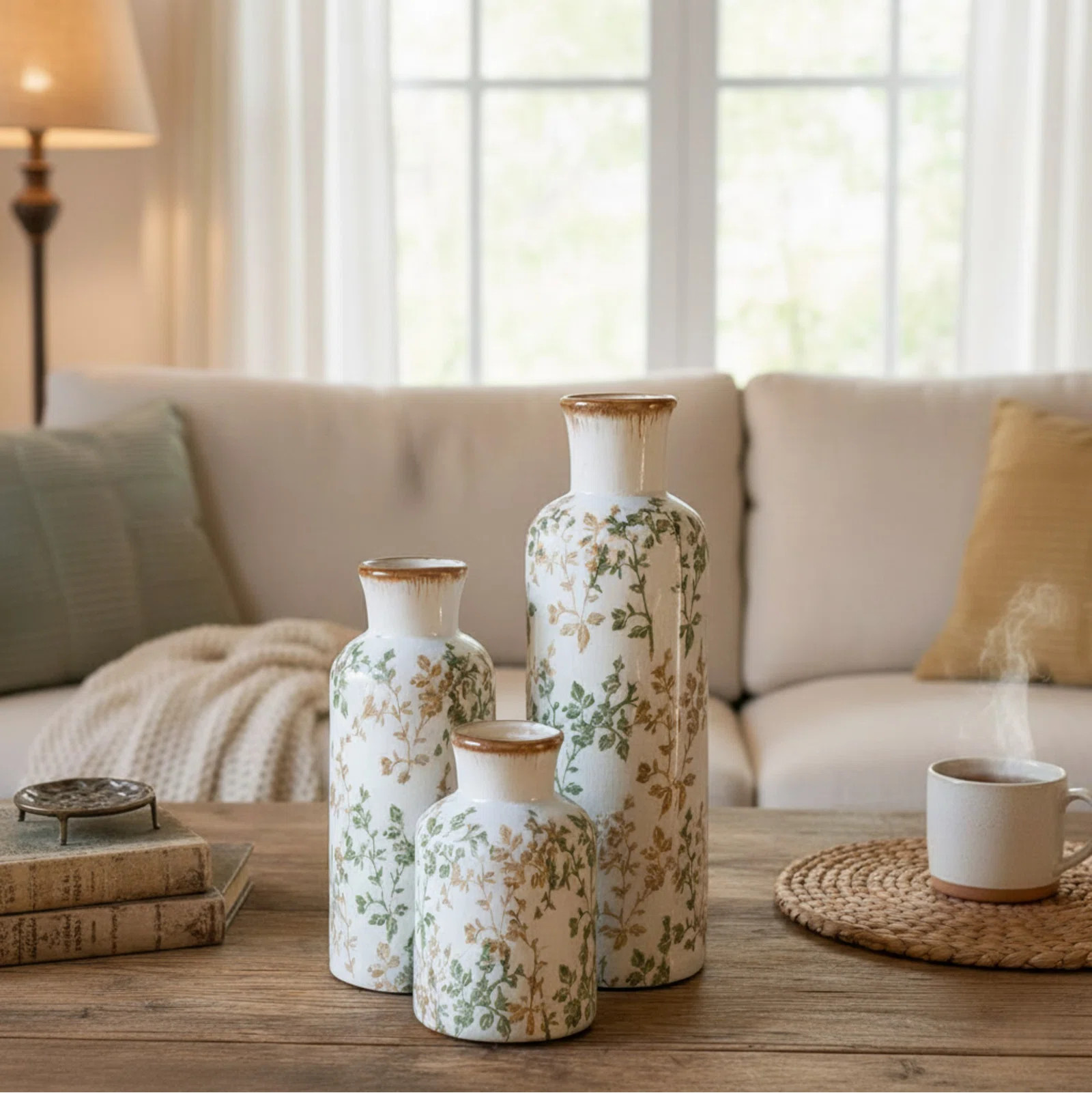 Triple Ceramic Vase Set With Crackle Glaze And Botanical Design | Wayfair North America