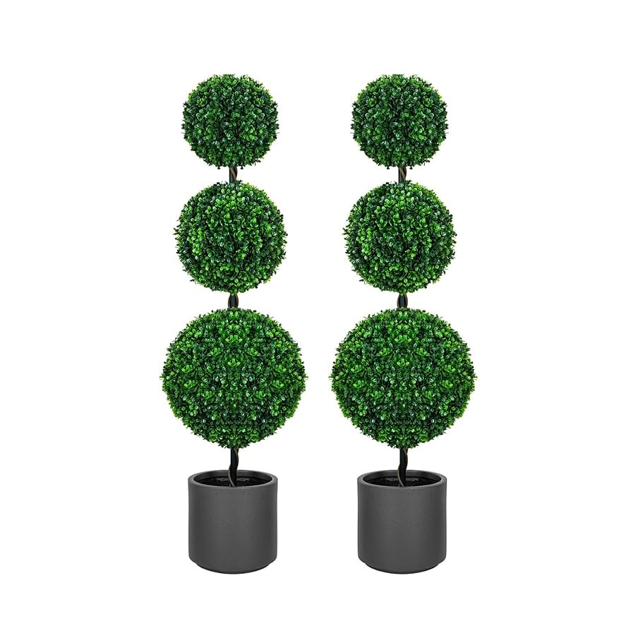 4FT Artificial Triple Ball Topiary Trees with Gray Planter Pot, Outdoor Indoor Realistic Faux Shr... | Amazon (US)