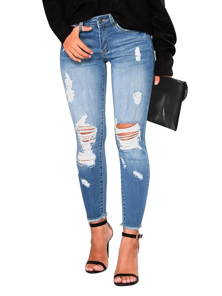 KUNMI Women's Skinny Ripped Trendy Jeans Distressed Stretchy Denim Pants | Amazon (US)
